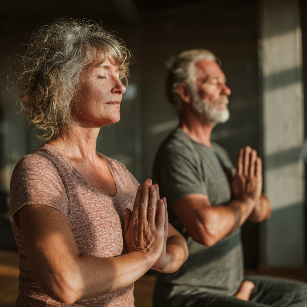 Mature woman and man practicing yoga together in peaceful studio environment showing wellness and harmony