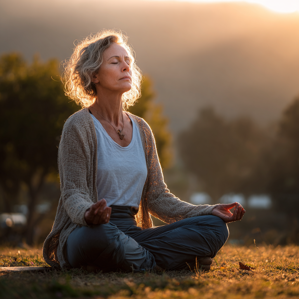 Middle-aged woman practicing yoga meditation in peaceful natural setting with soft morning light